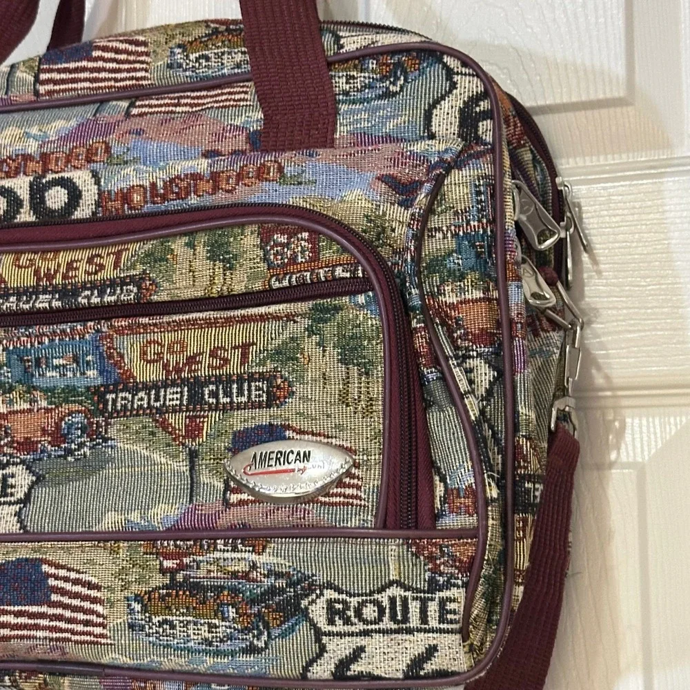 American Uni Route 66 Tapestry Messenger Bag Americana Travel Crossbody Burgundy